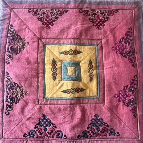 Tibetan Embroidered Sham Cushion Cover 25x25" Tassels Asian  Multicolor - Picture 2 of 5